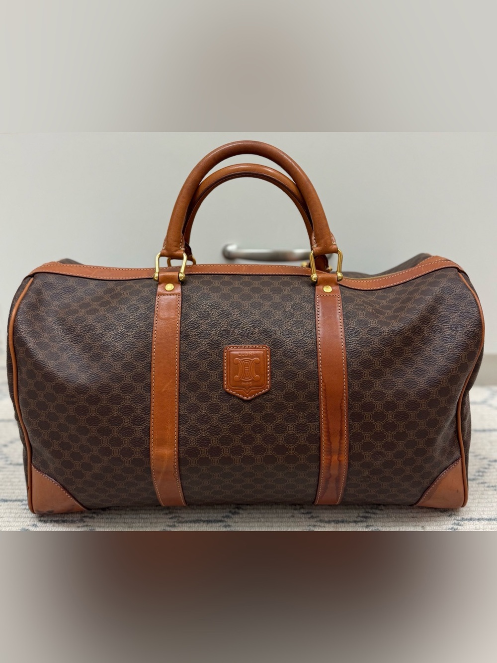CELINE Vintage Cognac Brown Canvas Leather Macadam Travel Weekender Duffle Bag